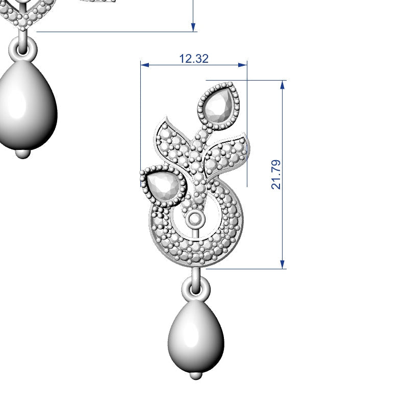 A technical product rendering of a silver-toned teardrop dangle earring with dimension annotations showing measurements of 12.32 and 21.