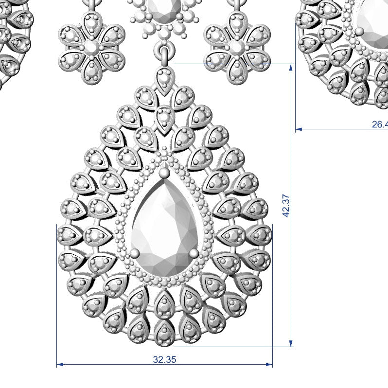 Silver-toned teardrop pendant necklace with matching floral earrings, shown on a white background with dimension lines and measurements.