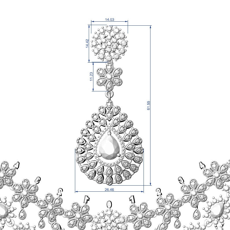 A technical line drawing of an ornate silver-toned necklace with a large teardrop pendant and matching floral motifs, overlaid with blue dimension lines and measurements on a white background.