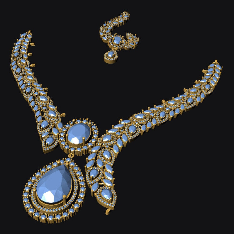 Gold-toned jewelry set featuring a curved necklace with large pear-shaped light blue stones and matching curved earrings, displayed on a solid black background.