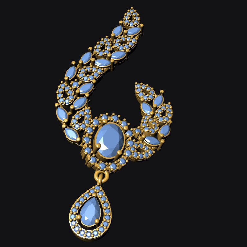 Gold-toned jewelry piece featuring light blue teardrop and oval stones, set against a solid black background.