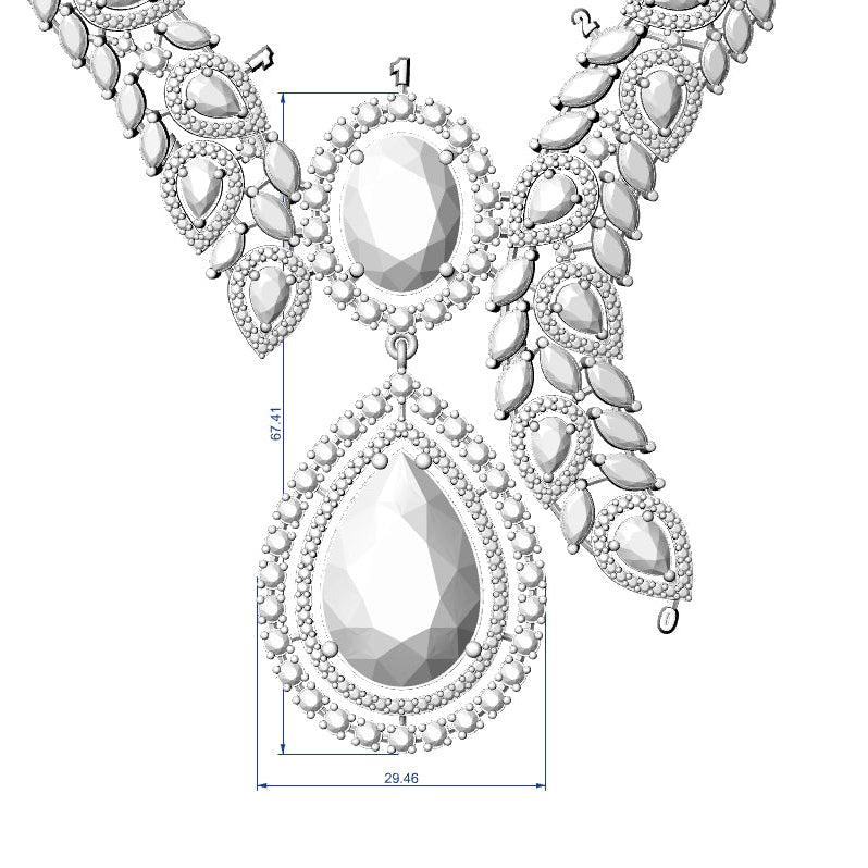 A technical line drawing of an ornate silver-toned necklace with a large teardrop-shaped gemstone and smaller oval and round stones, shown on a plain white background with measurement annotations.