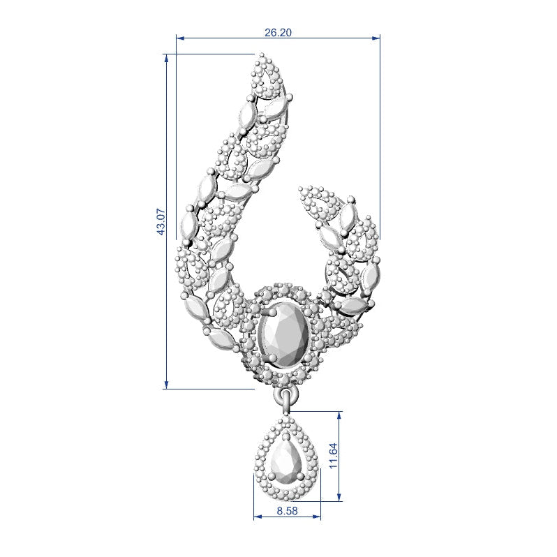 Technical line drawing of an ornate necklace pendant with dimension annotations, shown on a plain white background.