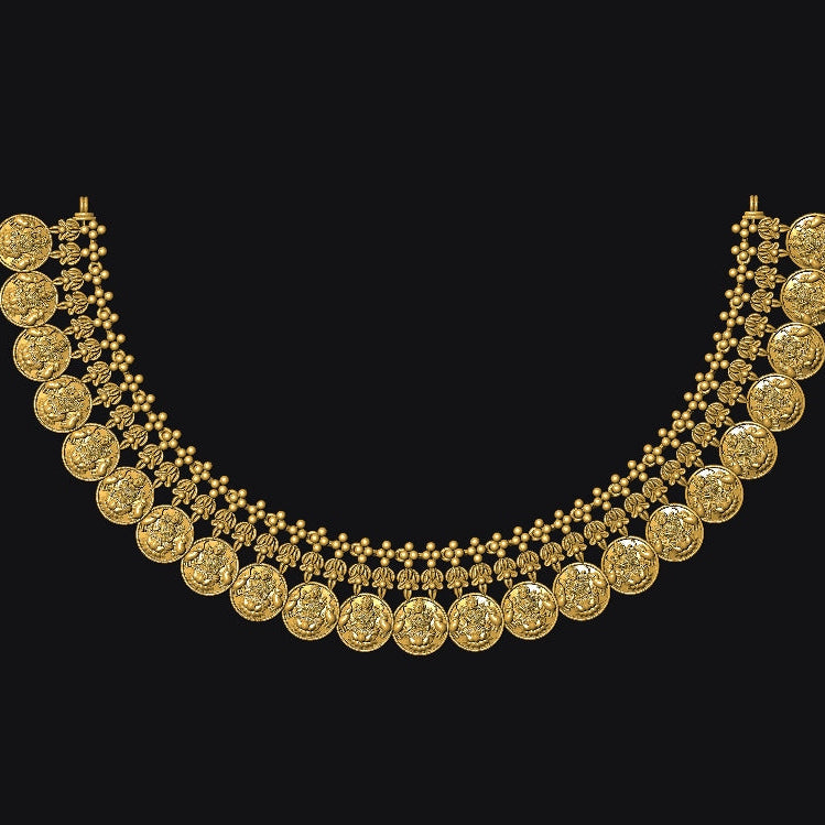 An ornate gold-toned necklace with multiple curved rows of circular coin-like charms and small star details, displayed against a solid black background.