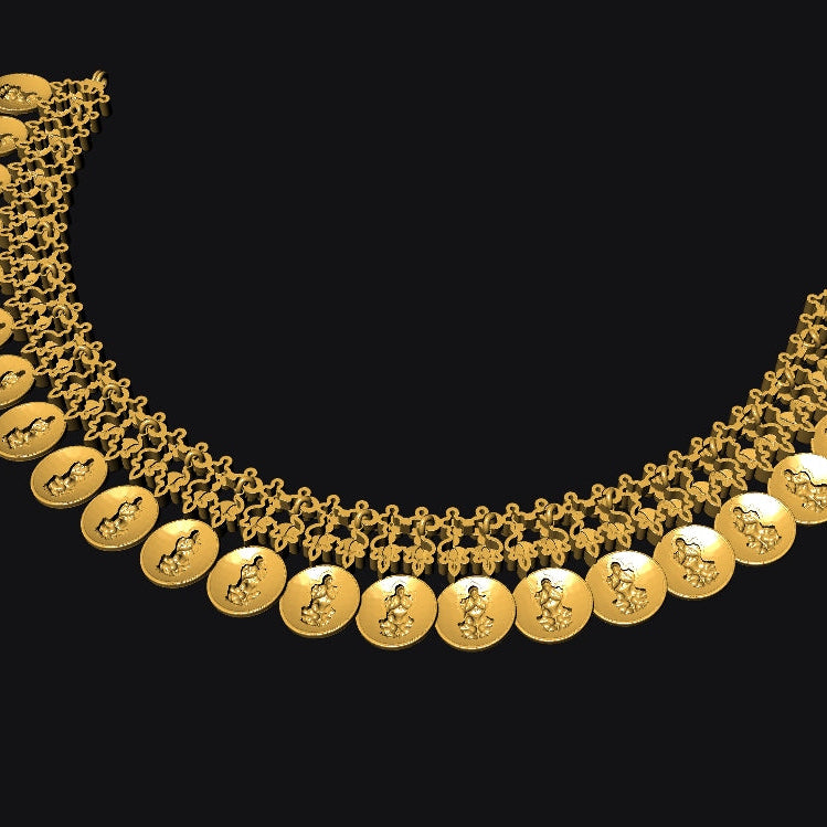 A gold-toned multi-strand necklace featuring round disc charms engraved with symbols, displayed against a solid black background.