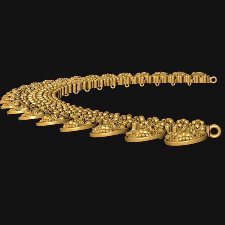 A curved gold-toned chain necklace with repeating ornate pendant links, shown on a solid black background.