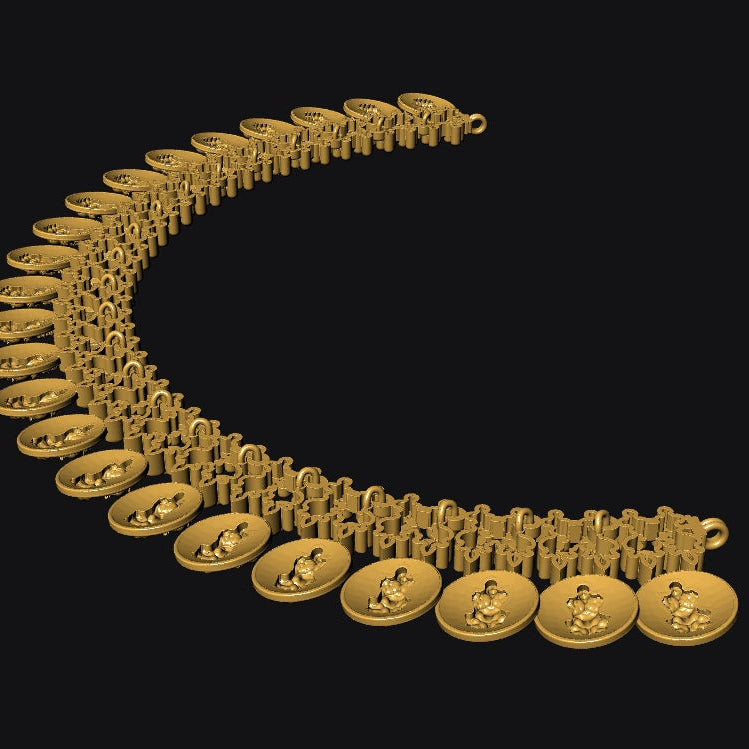 A curved gold chain necklace featuring multiple circular medallion pendants with engraved figures, displayed against a solid black background.