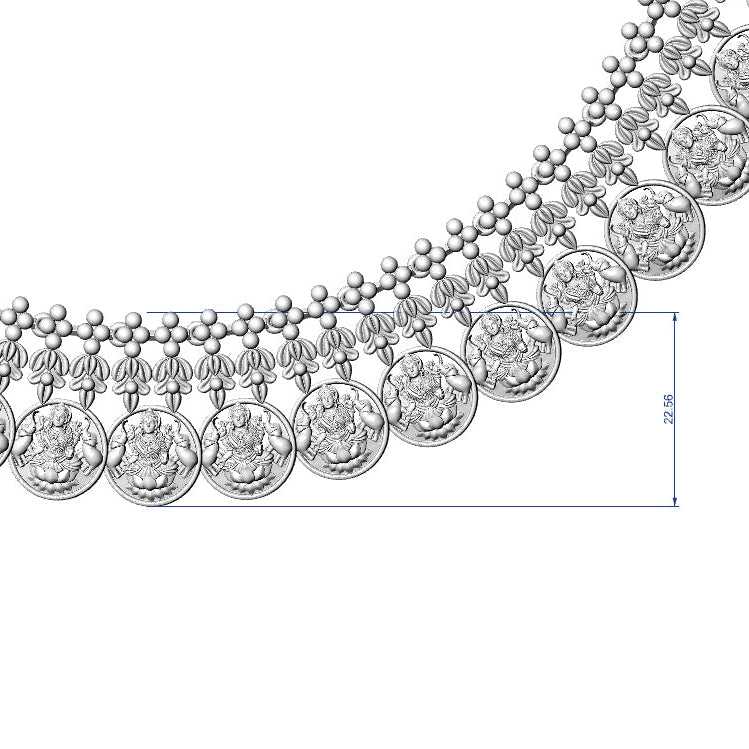 Silver-toned multi-strand necklace with round coin-style charms and small bead details, shown on a white background with a blue measurement marker indicating 25 cm.