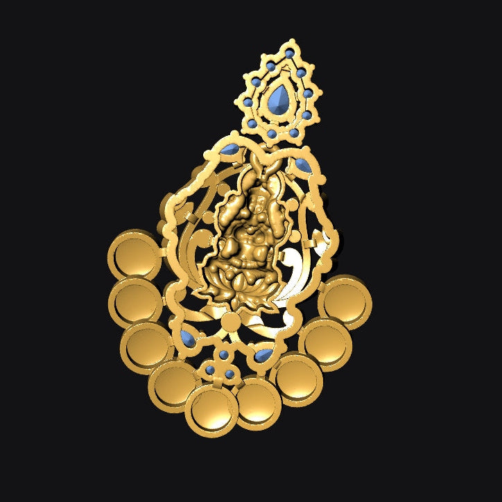 A gold-toned ornate pendant or decorative hanging piece with a central seated figure motif, surrounded by circular gold elements and small blue accents, shown against a black background.