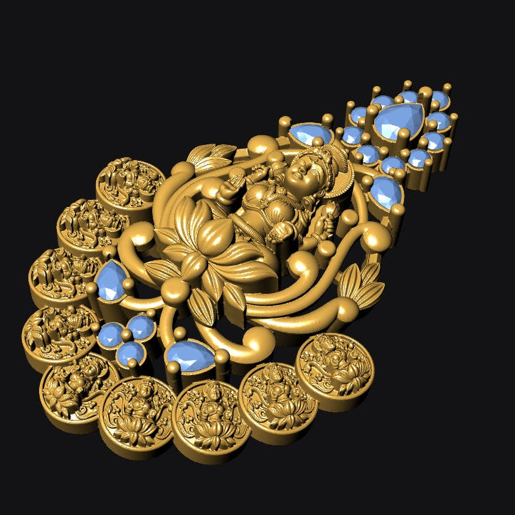 An ornate gold-toned jewelry piece with intricate floral detailing and small light blue stone accents, shown on a solid black background.