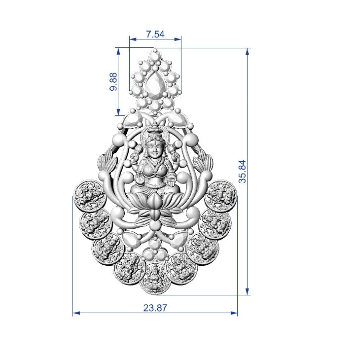 A technical dimension drawing of a silver-toned ornate decorative object centered on a white background, with blue measurement lines and numeric labels showing width and height.