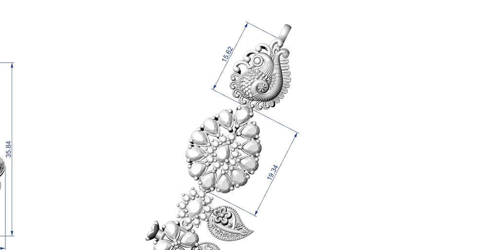 A technical line drawing of an ornate paisley and floral hanging ornament on a white background, with dimension arrows and numeric measurements shown.