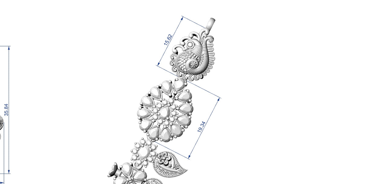 A technical line drawing of an ornate paisley and floral hanging ornament on a white background, with dimension arrows and numeric measurements shown.