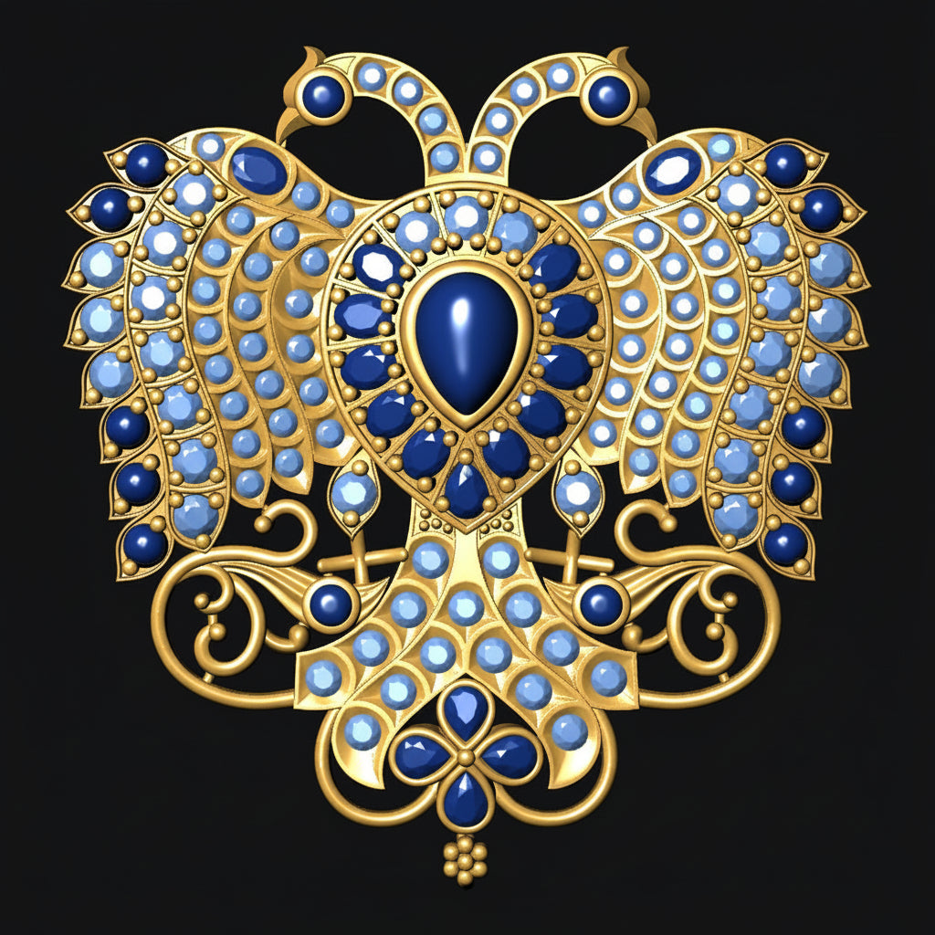 An ornate gold-toned brooch or pendant featuring a symmetrical winged design, set with deep blue teardrop-shaped stones and numerous small pale blue and white stones, shown on a solid black background.