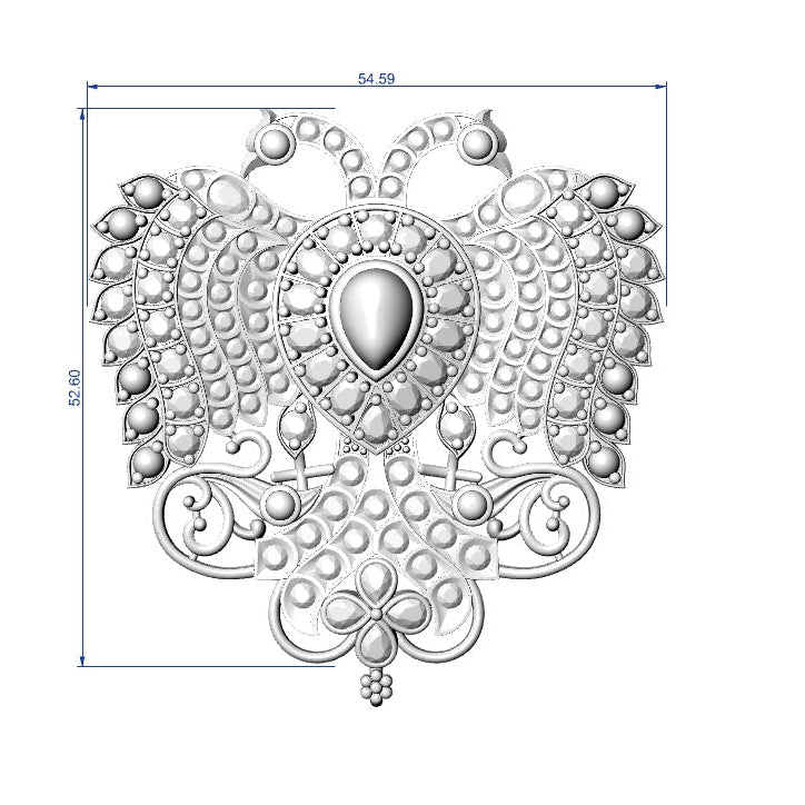A silver-toned ornate decorative wall plaque or wall hanging with a teardrop-shaped central stone and intricate scrollwork, shown with blue dimension lines and labels indicating 54.75 by 60.