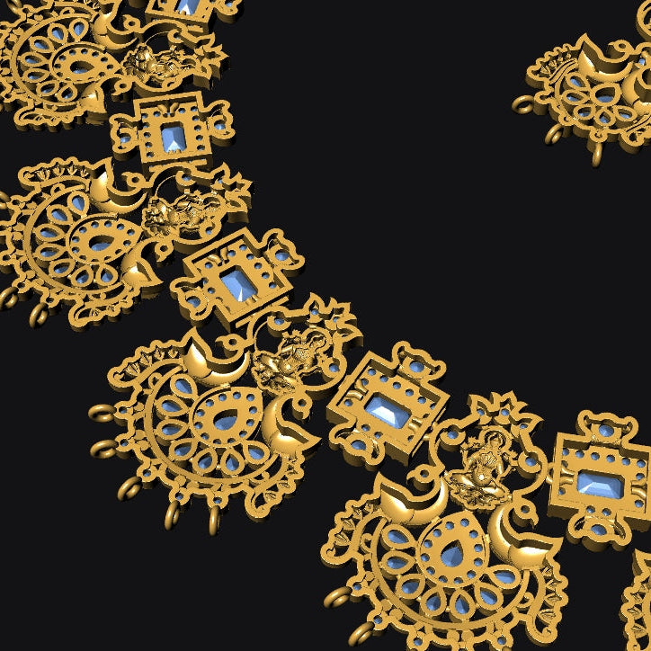 An ornate gold filigree necklace with intricate openwork patterns and small rectangular blue gemstone accents, displayed against a solid black background.