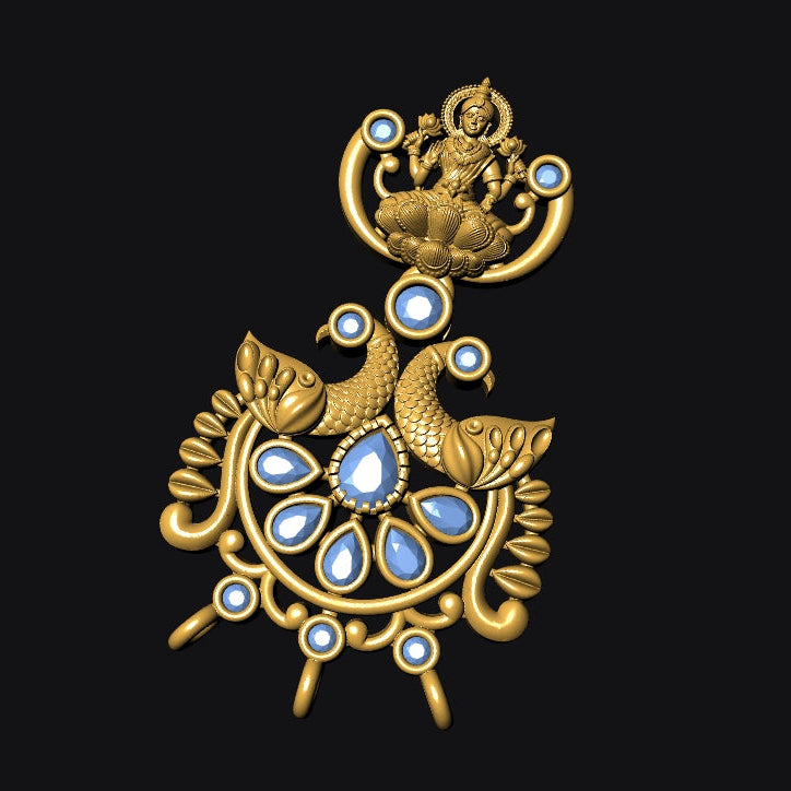 A gold-toned ornate pendant featuring a peacock motif with multiple round and teardrop-shaped light blue gemstones, set against a solid black background.