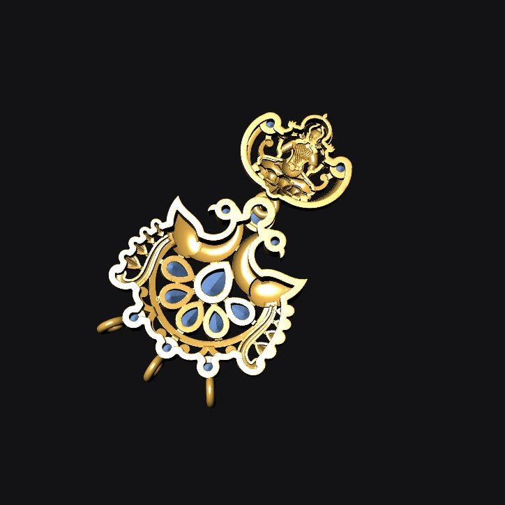 A gold-toned pendant featuring a stylized peacock design with blue and white enamel details, set against a solid black background.