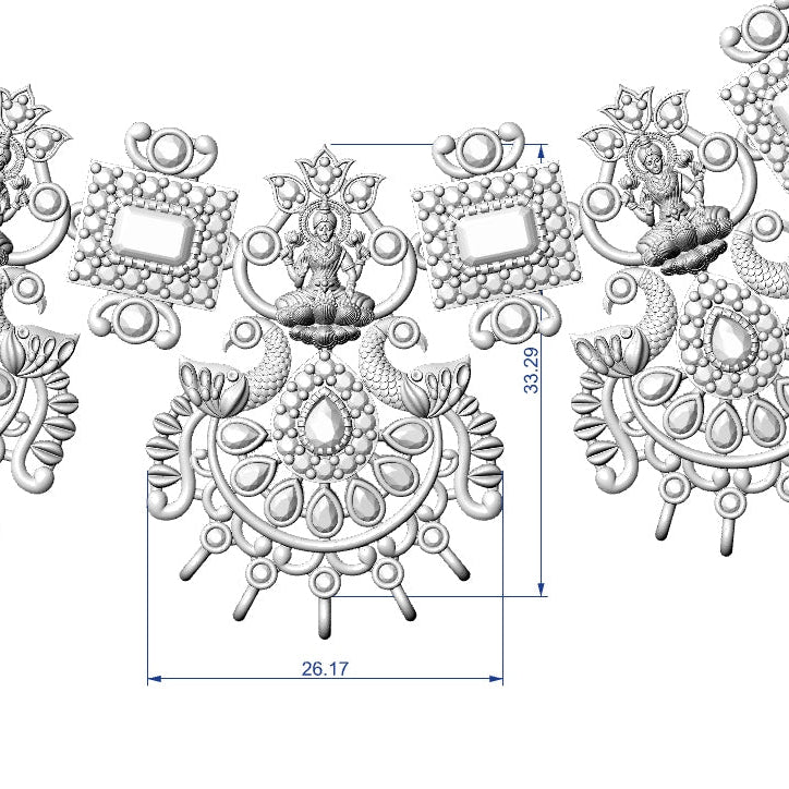 A technical line drawing of an ornate decorative garland or lace trim pattern, shown in gray on a white background with blue dimension arrows and measurements.