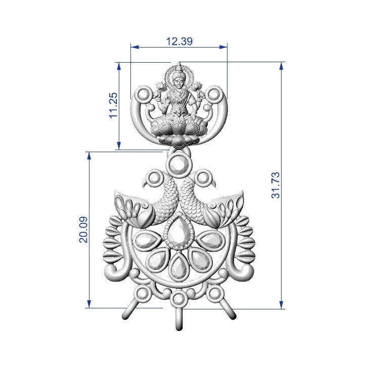 A technical dimension drawing of an ornate decorative metal wall hanging or pendant with a seated figure at the top and intricate scrollwork below, shown on a plain white background with measurement lines and labels.