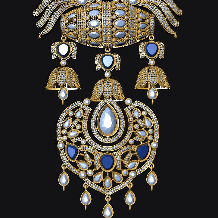 An ornate gold-toned traditional Indian jewelry piece, likely a choker or part of a necklace, featuring intricate filigree work, white stones, and deep blue stone accents, shown against a solid black background.