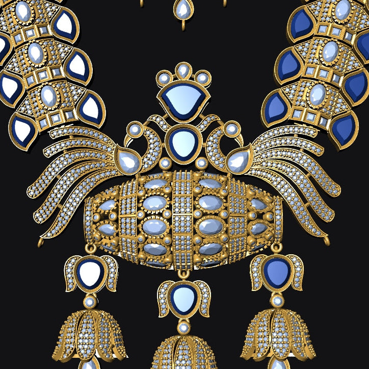 An ornate gold-toned jewelry piece with multiple dangling bell-shaped charms, set with clear stones and light blue gemstone accents, shown against a solid black background.