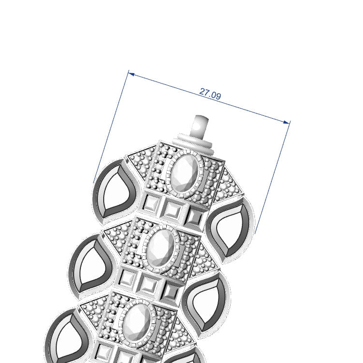 A technical line drawing of a decorative jewelry piece with dimension annotations on a white background.
