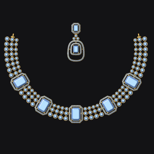 Gold-plated statement necklace and matching drop earring set with light blue rectangular gemstones and small clear stones, displayed on a solid black background.