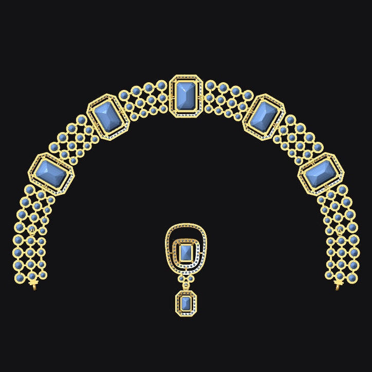 Gold-toned jewelry set featuring an arched necklace with rectangular blue stones and a matching pendant, displayed on a solid black background.