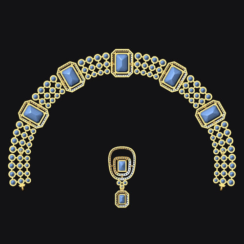 Gold-toned jewelry set featuring an arched necklace with rectangular blue stones and a matching pendant, displayed on a solid black background.