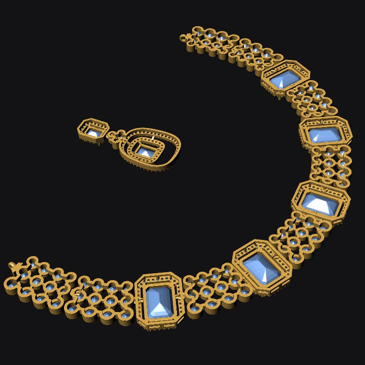 Gold-tone chain necklace with rectangular light blue gemstones and matching drop earrings, displayed on a solid black background.