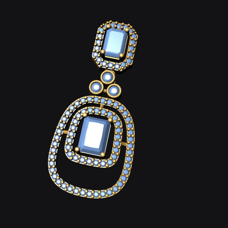 A gold-toned statement earring featuring two rectangular light blue gemstones surrounded by small clear stones, set against a solid black background.