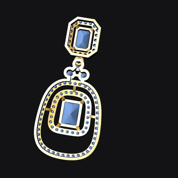 A gold and silver drop earring featuring a large marquise-cut blue gemstone in a gold bezel setting, with a smaller matching blue stone above it, set against a solid black background.