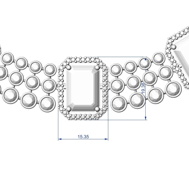 Silver-toned rectangular gemstone necklace with beaded borders and round bead links, shown on a white background with measurement annotations.