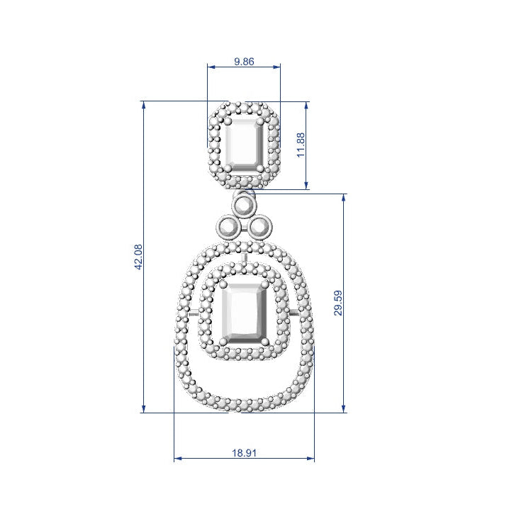 Technical dimension drawing of a silver-toned dangle earring with rectangular inset stones, shown on a white background with measurement annotations.