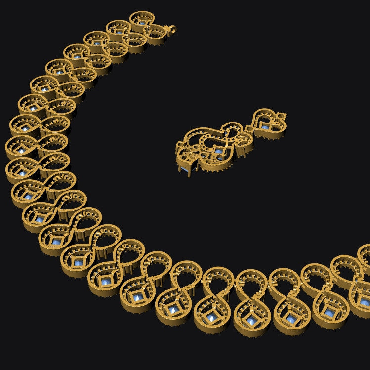 Gold-toned jewelry set featuring a curved chain necklace and matching pendant, both adorned with repeating circular motifs and small blue square accents, shown on a solid black background.