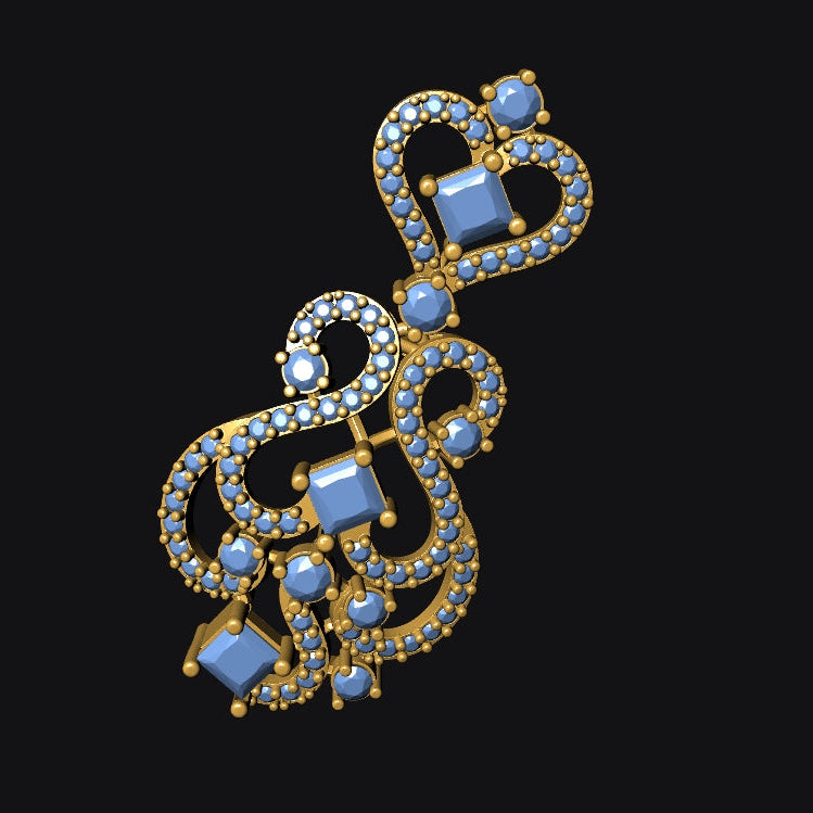 A gold-toned ornate brooch featuring blue gemstones and small clear stones, displayed against a solid black background.