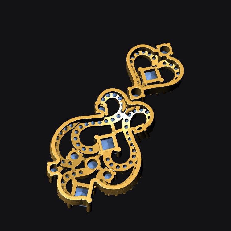 A gold-toned ornate pendant or charm with openwork detailing and small blue square accents, shown on a dark reflective background.
