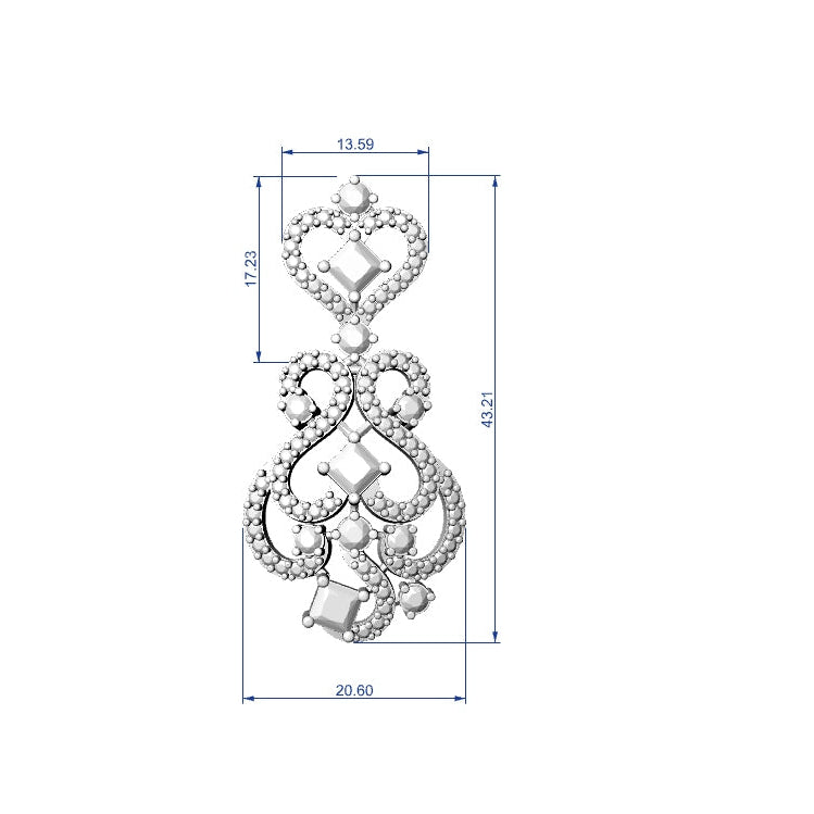 Technical product diagram showing a silver-toned ornate drop earring with dimension annotations, flanked by partial side views of the earring on a white background.