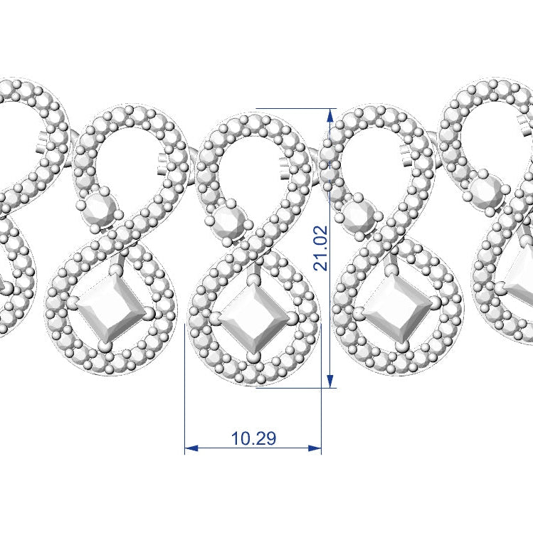 A close-up technical view of a silver-toned beaded fringe trim with repeating oval links and central clear square stones, overlaid with blue dimension lines showing 10.29 and 21.
