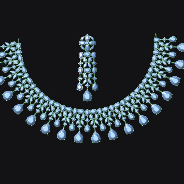 A jewelry set featuring a curved necklace and a matching vertical pendant, both adorned with light blue teardrop-shaped stones and arranged on a solid black background.