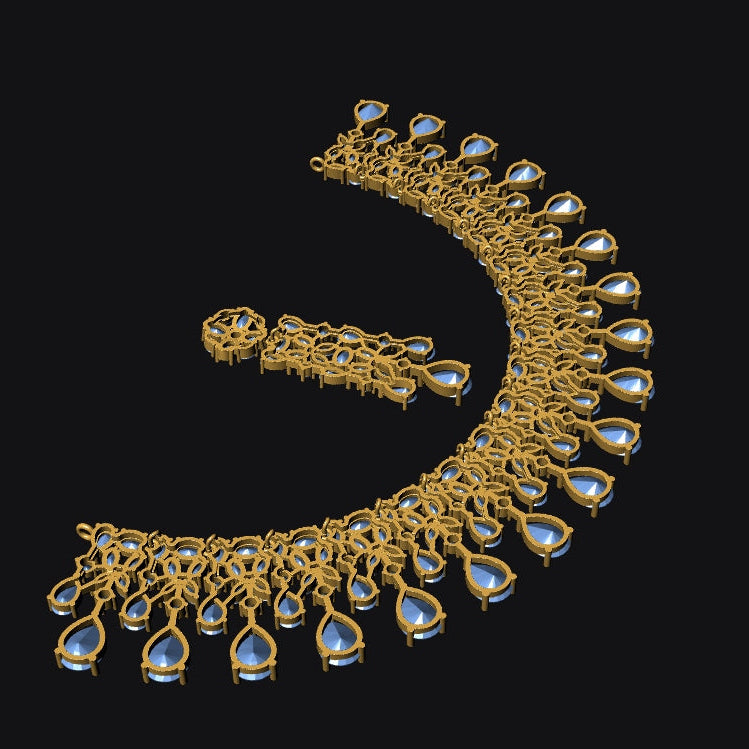 Gold-toned statement necklace with teardrop-shaped light blue gemstones, displayed on a solid black background.