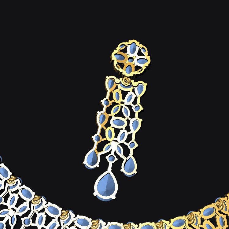 Gold and silver-toned jewelry set featuring a crescent necklace and matching pendant, decorated with teardrop-shaped blue stones on a solid black background.