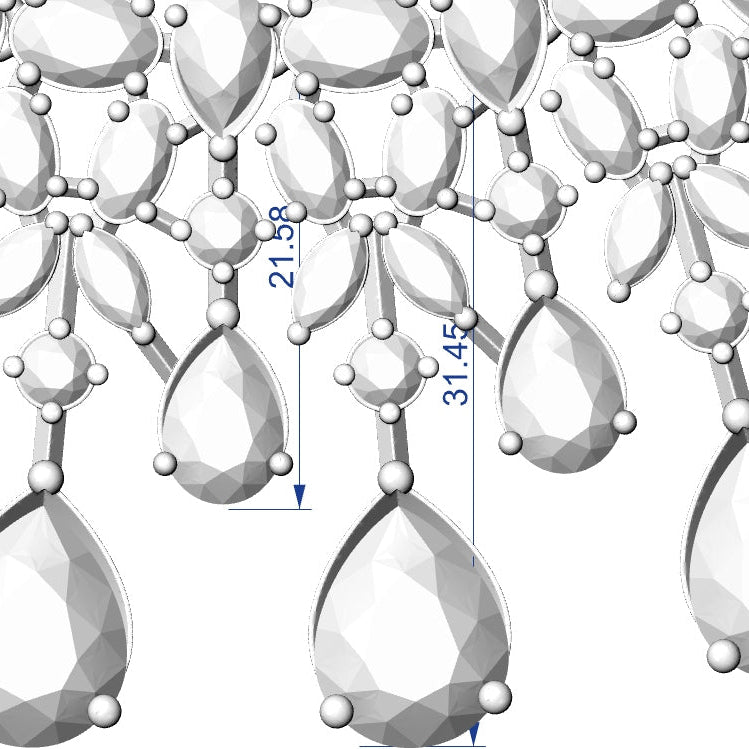 A close-up technical view of a silver-toned teardrop crystal curtain or chandelier trim, showing faceted hanging drops and overlaid dimension arrows labeled 21.59 and 31.
