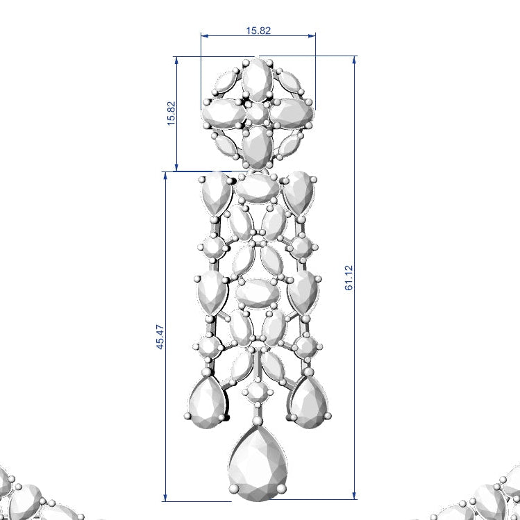 A technical product diagram showing a silver-toned teardrop pendant necklace with dimension annotations in millimeters, flanked by partial curved necklace views on a white background.