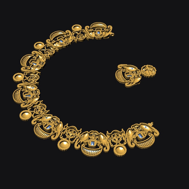 An ornate gold-toned jewelry set consisting of a curved chain bracelet and a matching clasp, displayed on a solid black background.