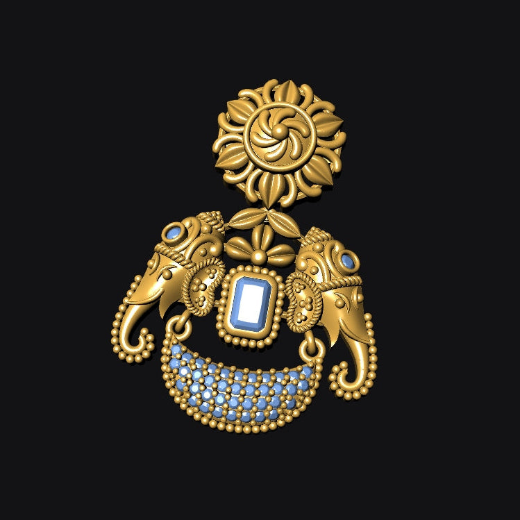 A gold-toned ornate pendant or brooch featuring an elephant motif with a rectangular light blue center stone and a sun-like circular detail above, shown on a solid black background.
