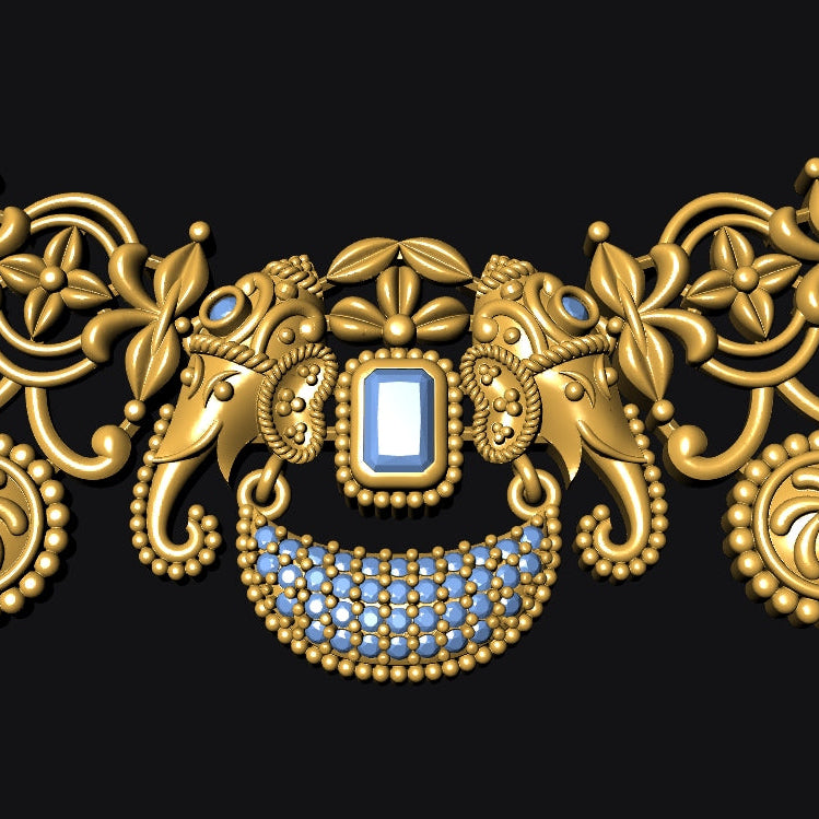 An ornate gold-toned jewelry piece featuring elephant motifs, floral scrollwork, and rectangular blue gemstones, shown against a solid black background.