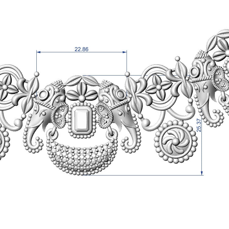 A detailed 3D render of an ornate silver filigree collar or trim pattern, showing a central decorative motif with blue dimension lines and labels indicating measurements of 22.86 and 12.