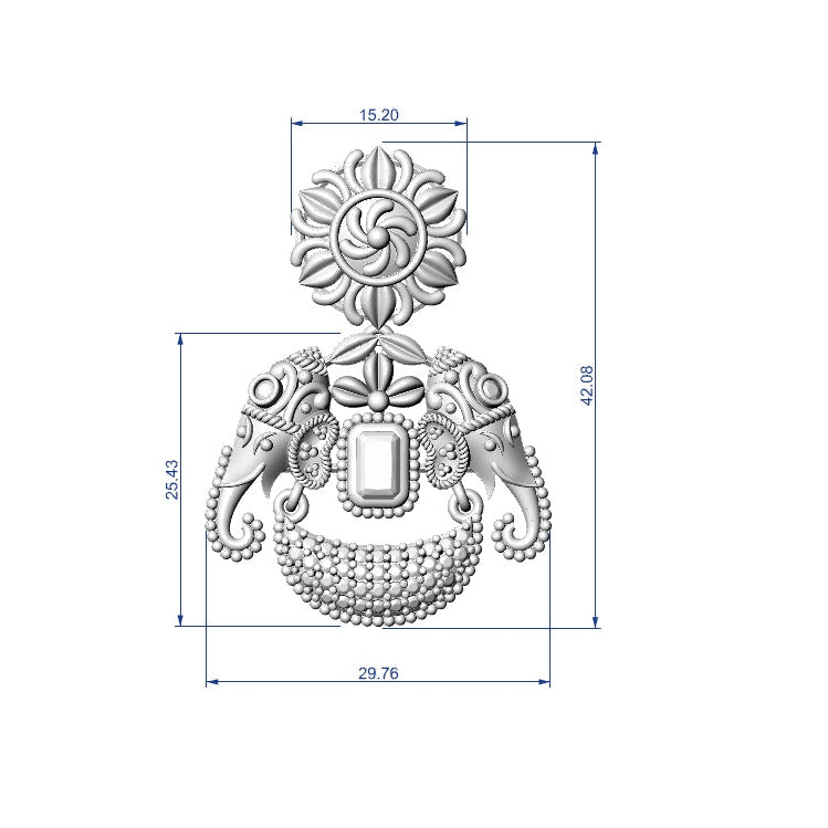 A technical dimension drawing of an ornate silver-toned earring, showing measurements in millimeters with blue dimension lines on a white background.